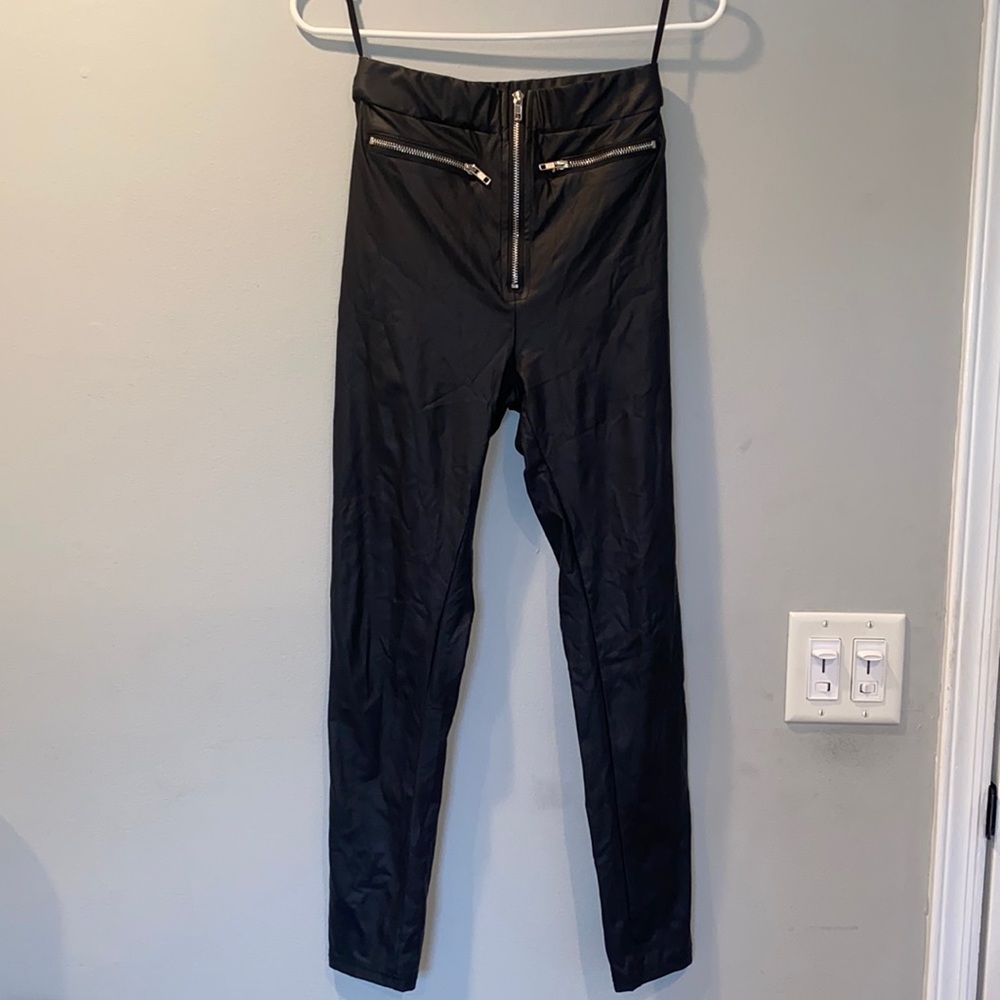 Zip Up PU Black Leather Skinny Pants Size S